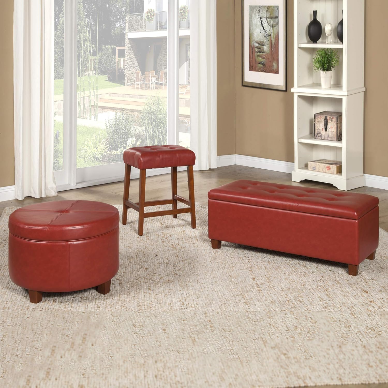 HomePop Round Leatherette Storage Ottoman with Lid, Cinnamon Red: Furniture & Decor