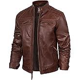 fjackets Real Lambskin Mens Leather Jackets - Quilted Cafe Racer Zip Up Moto Style Leather Jacket Men