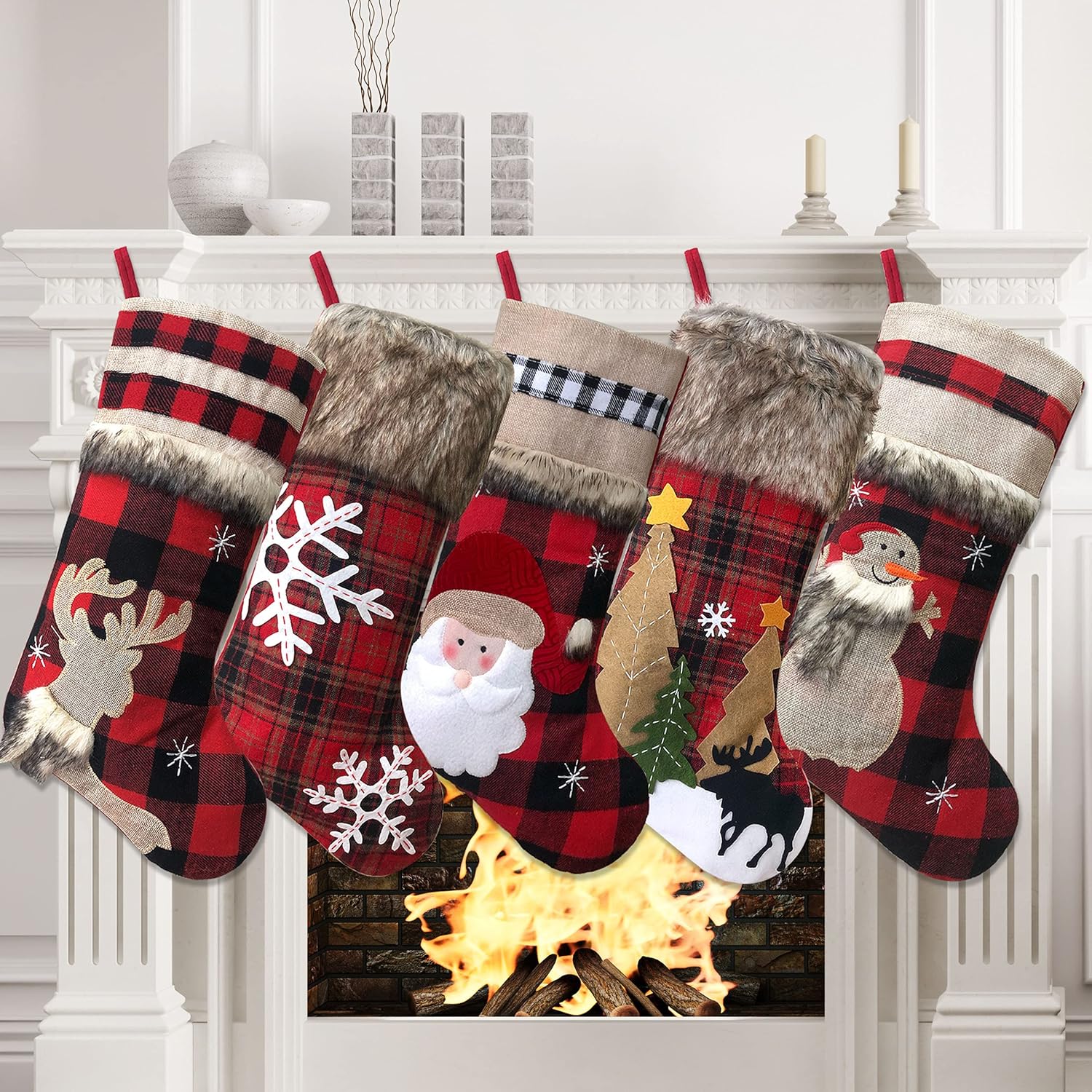 Stockings & Holders - HAPYPando Christmas Stockings Set of 5 Buffalo Red Plaid with Soft Faux Fur for Family Fireplace Hanging Large 20 Inches Xmas Stockings Decorations Holiday Season Decor 5 Pack