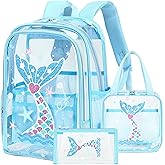 AO ALI VICTORY Clear Backpack for Boys Girls,15.6 Inch Kids Clear Backpack Set with Lunch Bag Pencil Case PVC Elementary Bookbag School Student See Through Transparent Travel Back Pack, Blue Mermaid