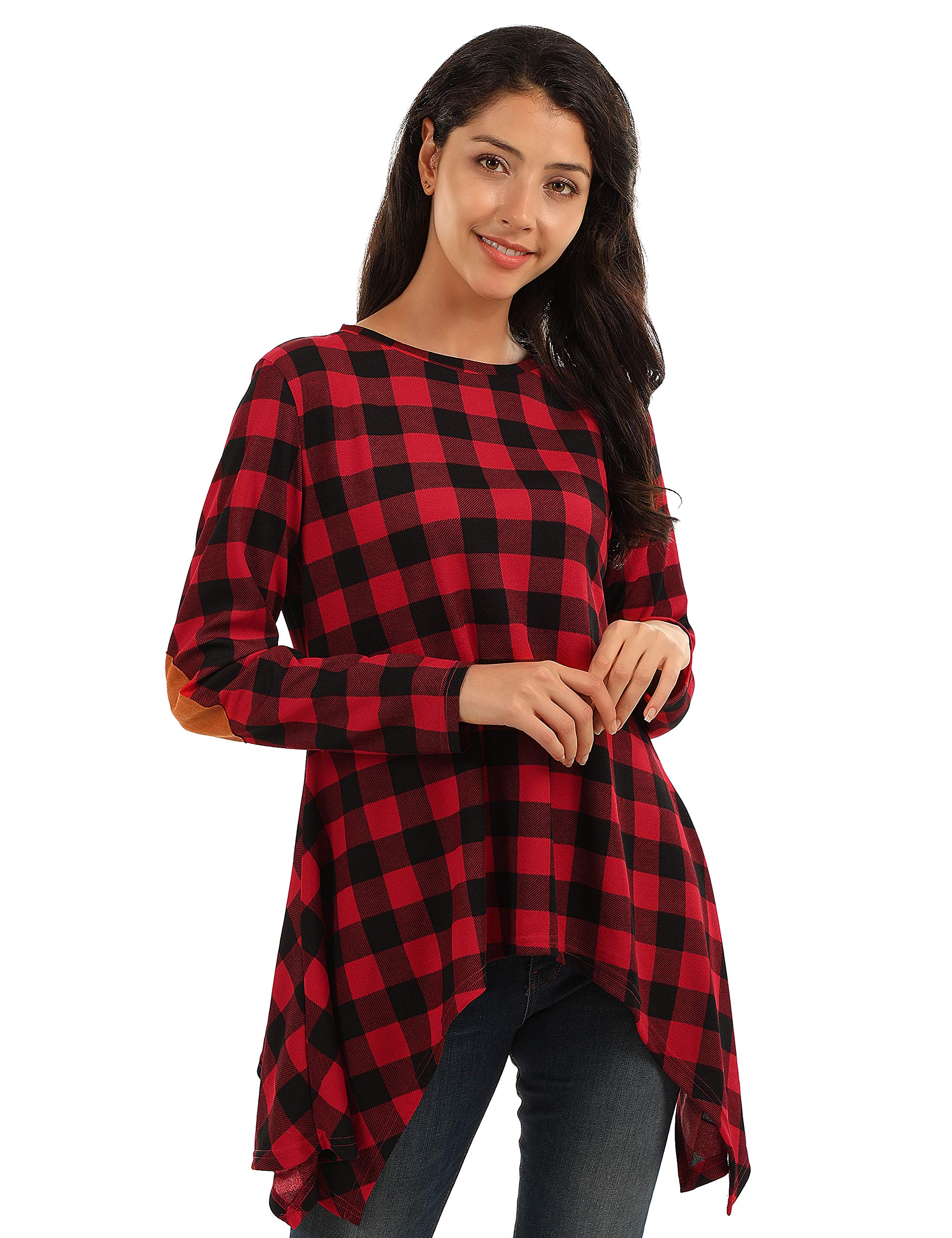 Blooming Jelly Womens Checked Plaid Shirt Long Sleeve Elbow Patch Tunic Color Block Casual Knit Top (x-Large, red Plaid)