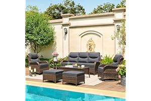 HILLGA Luxury Patio Furniture Set with 6-inch Thick Cushion, Outdoor Couch and High Back Swivel Rocker Patio Chairs, 7PCS Wicker Conversation Set for Deck Yard and Poolside, Dark Grey (V2)