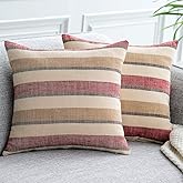 NATUS WEAVER 2 Pieces Decorative Classic Retro Stripe Throw Pillow Cover Wite Hidden Zipper Soft Linen Modern Farmhouse Cushion Case for Sofa Bedroom Car 18 x 18 Inch Red Brown Mixed