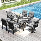 PHI VILLA 7 Pieces Outdoor Dining Set for 6, Rectangular Black Steel Dining Table with Fixed and Swivel Iron Chairs, Large Dining Furniture Set with Cushions for Patio, Deck, Porch, Backyard