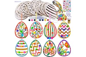 WINLYN 32 Sets Wooden Easter Ornaments Decorations DIY Easter Craft Kits Assorted Paintable Unfinished Wood Laser Cut Easter Egg Ornaments Pom-poms for Kids Easter Spring Classroom Home Activity Art Project