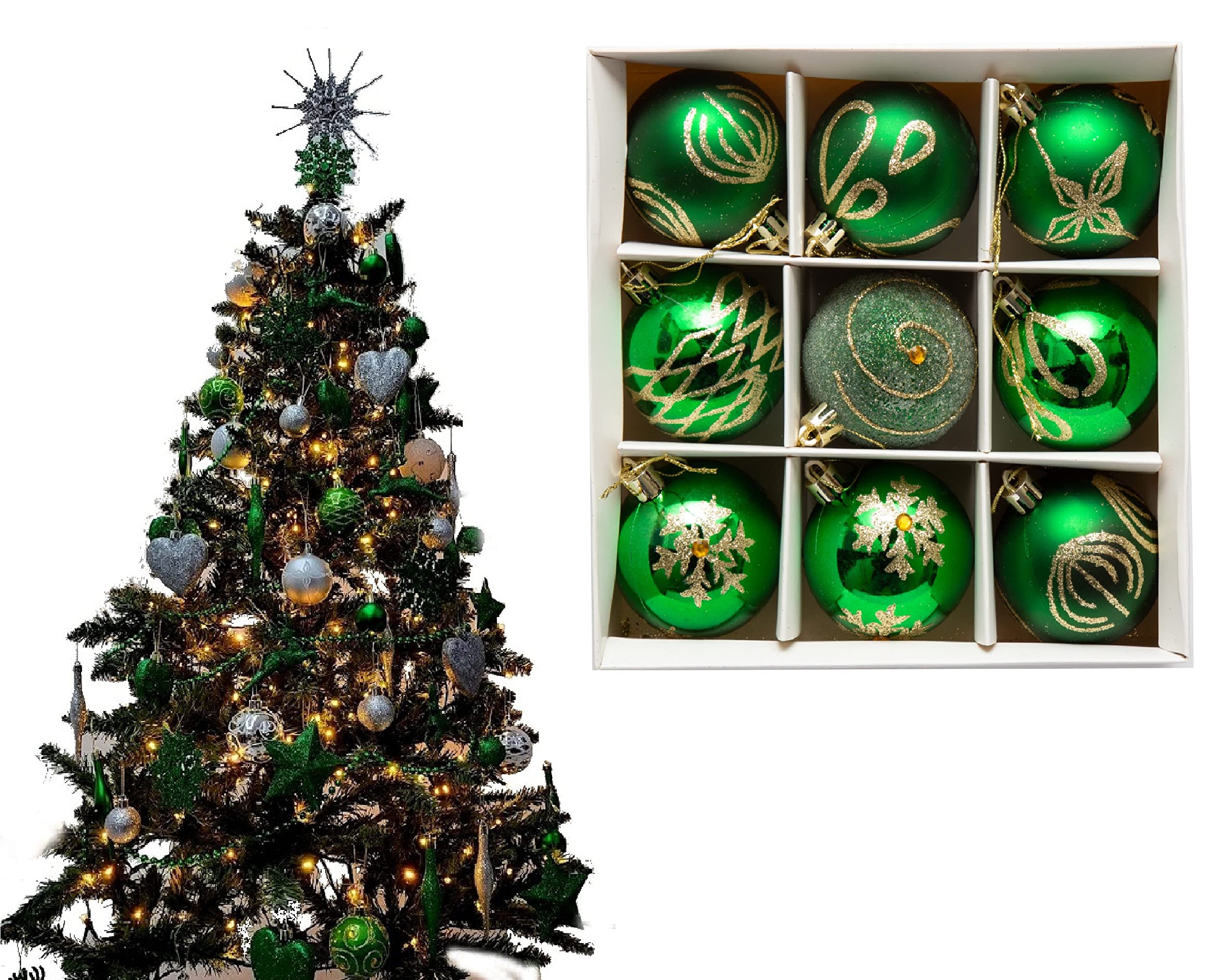 9pc Luxury Premium Baubles, Christmas Tree Bauble Decorations Matte, Glitter, shiny & Frosted (6cm) (Dk Green) — image 1