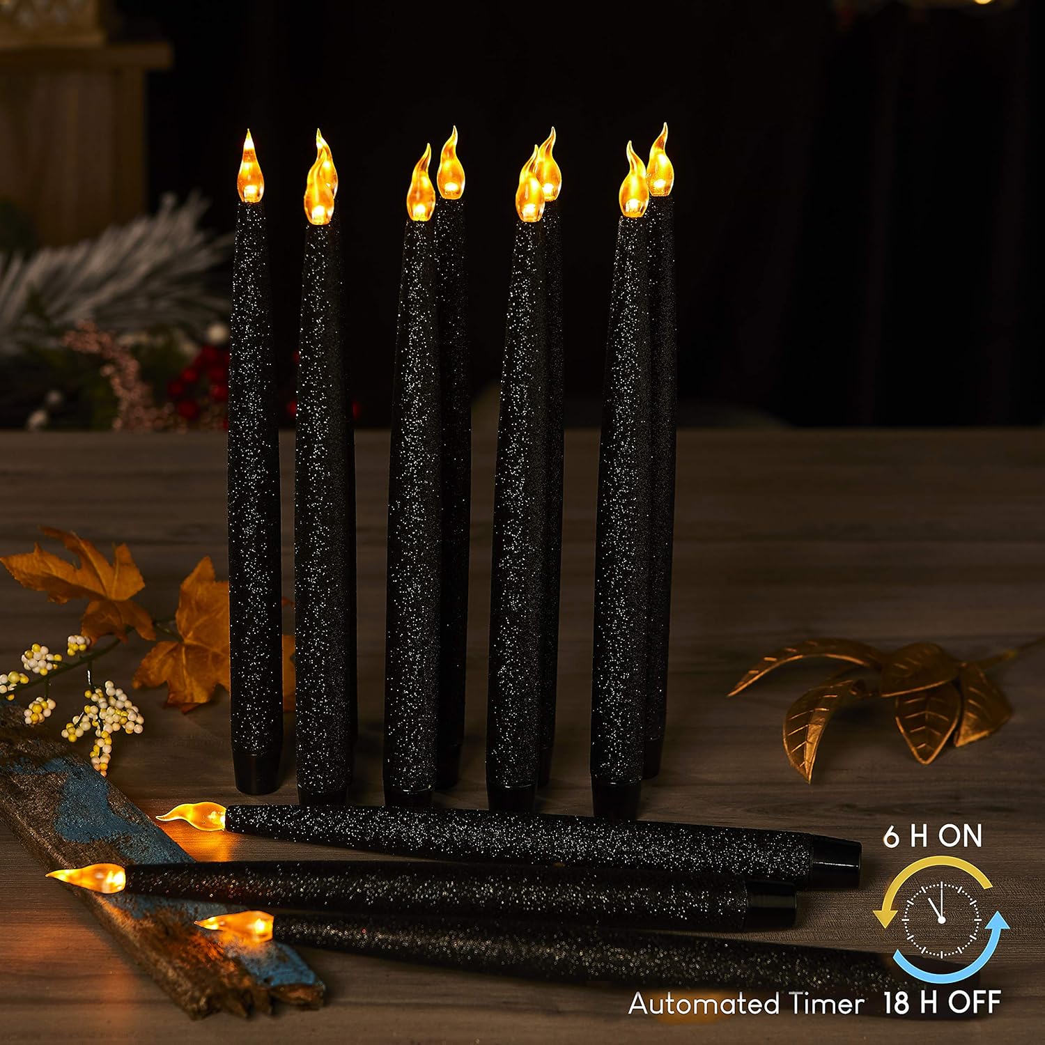 Furora LIGHTING Black LED Taper Candles, Window Candles, Candle Lights, Long Candles, Battery Powered Candles, Electric Candles Window Lights with 6 Hour Timer Function: Home Improvement