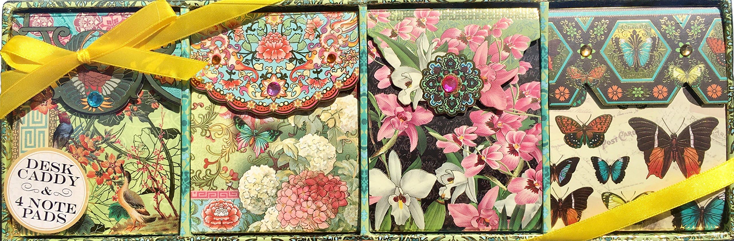 Punch Studio Gold Foil Desk Caddy with Four Assorted Mini Pocket Notepads ~Green Ephemera Florals 93605