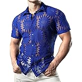 JOGAL Mens Floral Lace Shirt See Through Casual Button Down Shirts