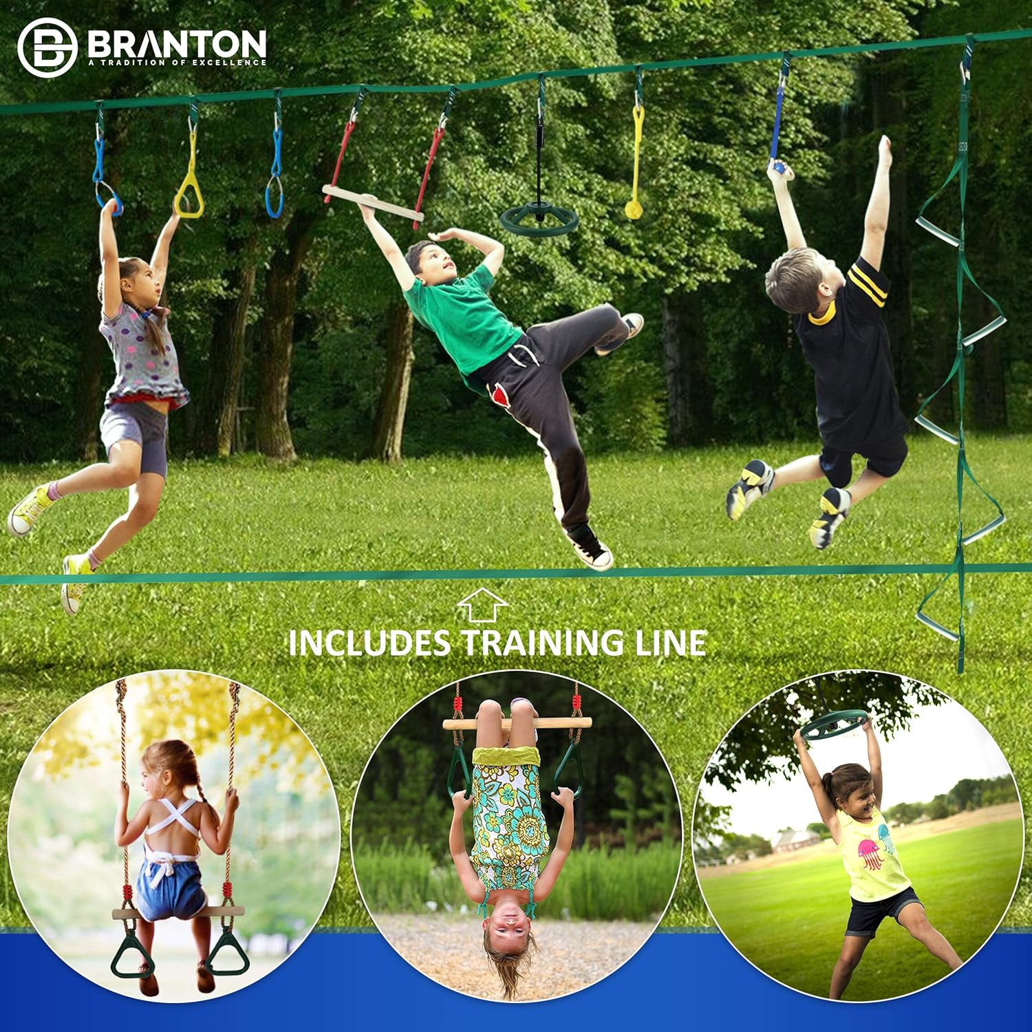 Ninja Warrior Obstacle Course for Kids - 2 x Ninja Slackline 42' with 9 Accessories for Kids, Ninja Wheel, Trapeze Swing Plus Webbing Ladder - Become a Ninja Warrior (Ninja Line + Support line): Toys & Games