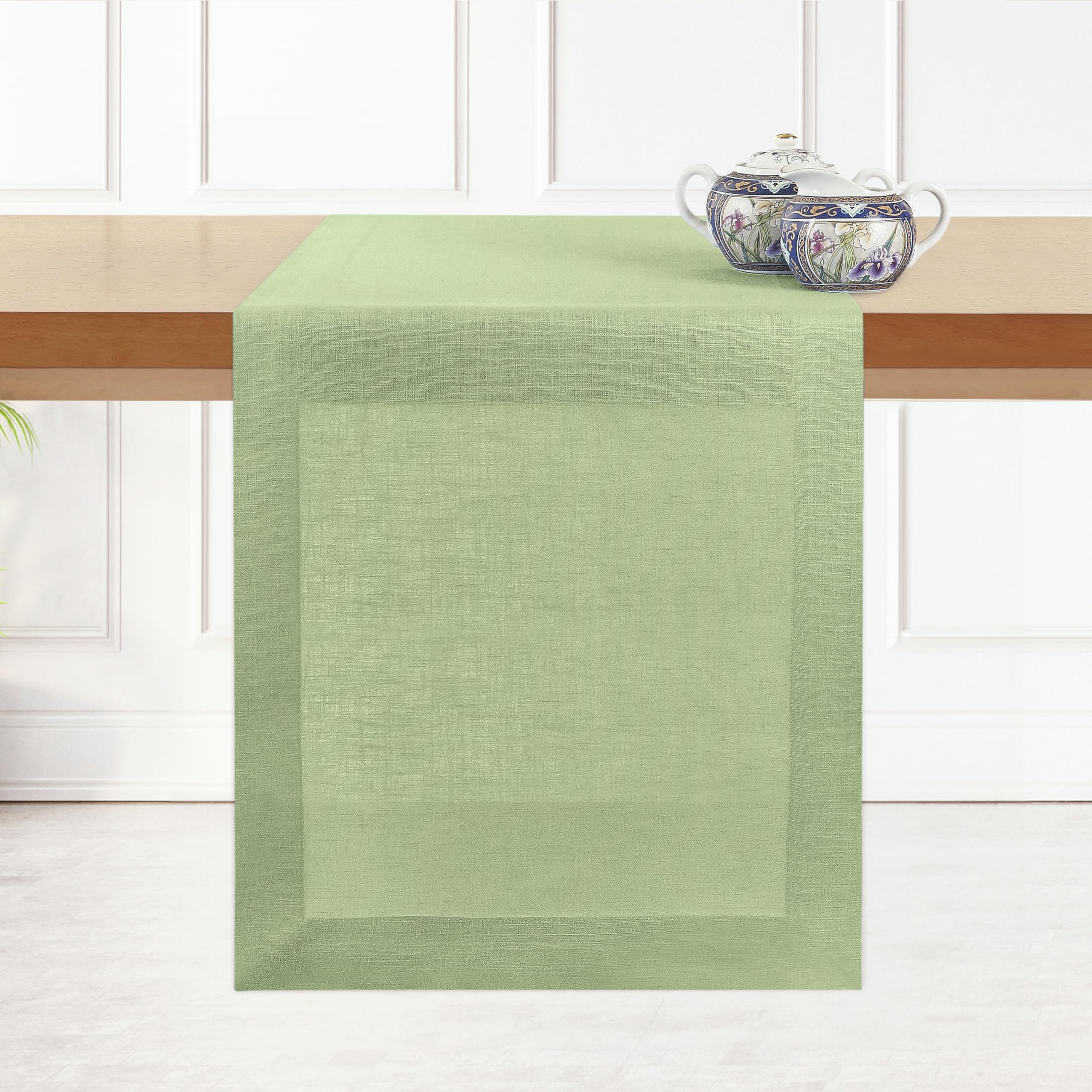 D'Moksha Homes Linen Table Runner 92 CM - 100% Pure Linen Sage Green Small Table Runner 36 x 92 cm for Dresser, Coffee Tables, Dining, Spring-Machine Washable — image 1