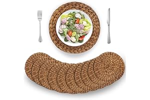 (4 Sizes: 12"-13"-14"-15") BARIEN Brown Woven Placemats Round Set of 10, Natural Water Hyacinth Weave Placemat for Dining Table, Large Handmade Woven Placemats Heat Resistant Non-Slip (12" - Set 10)