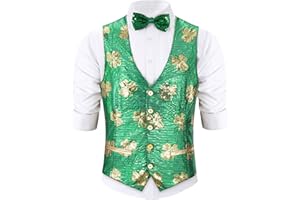 Pixiemain Sequin Vest Party Formal V-neck Shiny Waistcoat Bowtie Set for Wedding Events Mardi Gras St Patricks day Carnival
