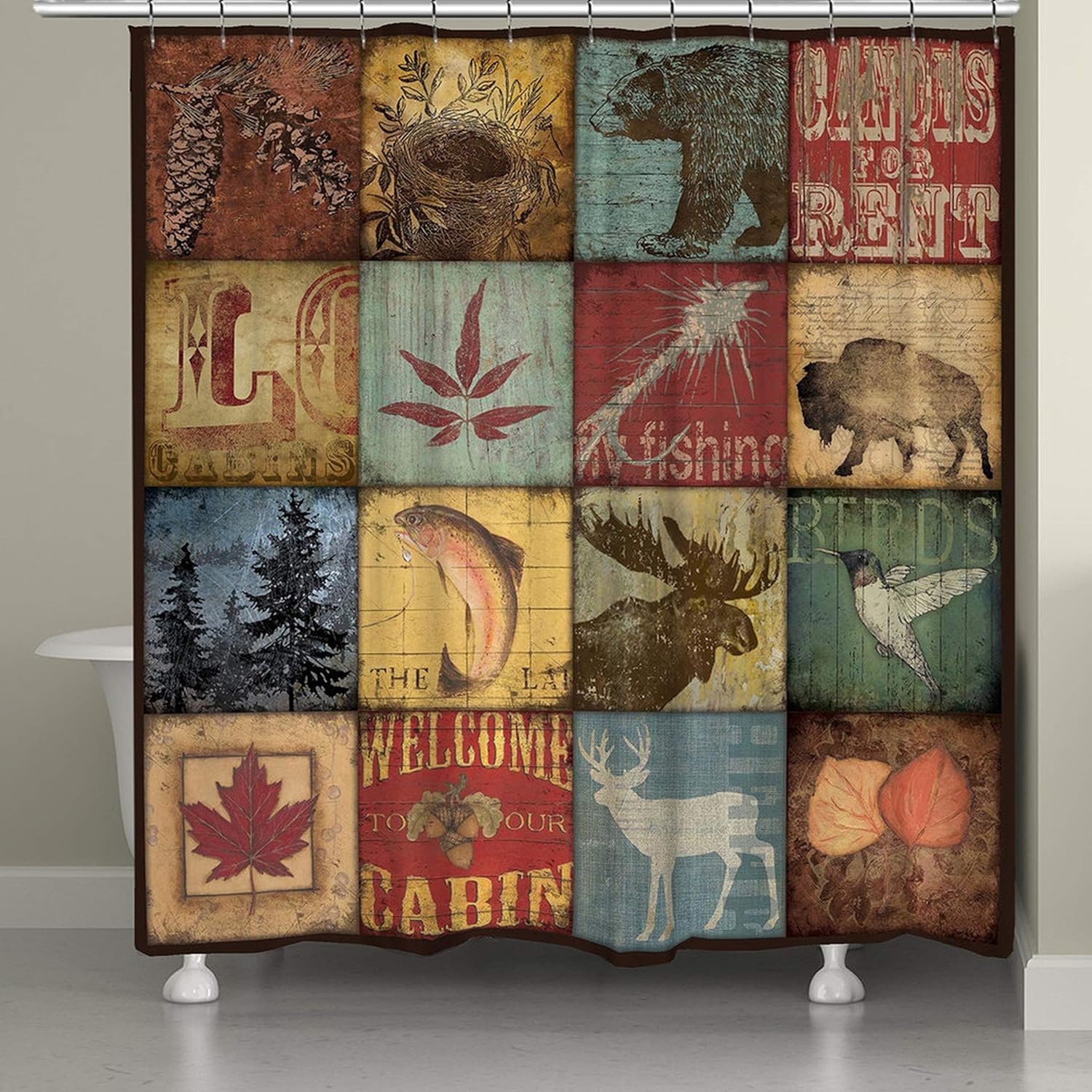 Amazon Com Rustic Lodge Shower Curtain Cabin Bathroom Decor Moose Fish Buffalo Bear Deer Wildlife Brown Pine Comb Polyester 71x72 Home Kitchen