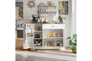 Gizoon Kitchen Coffee Bar Cabinet with Storage Kitchen Sideboard Buffet Cabinet with Drawers, Short Pantry with Door and Shelves for Bathroom and Living Room, White and Rustic