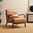 Glitzhome 30" H Mid Century Yellowish Brown Accent Armchair, Single Reading Sofa, PU Leather Lounge Chair with Walnut Ruberwood Frame for Livingroom or Office