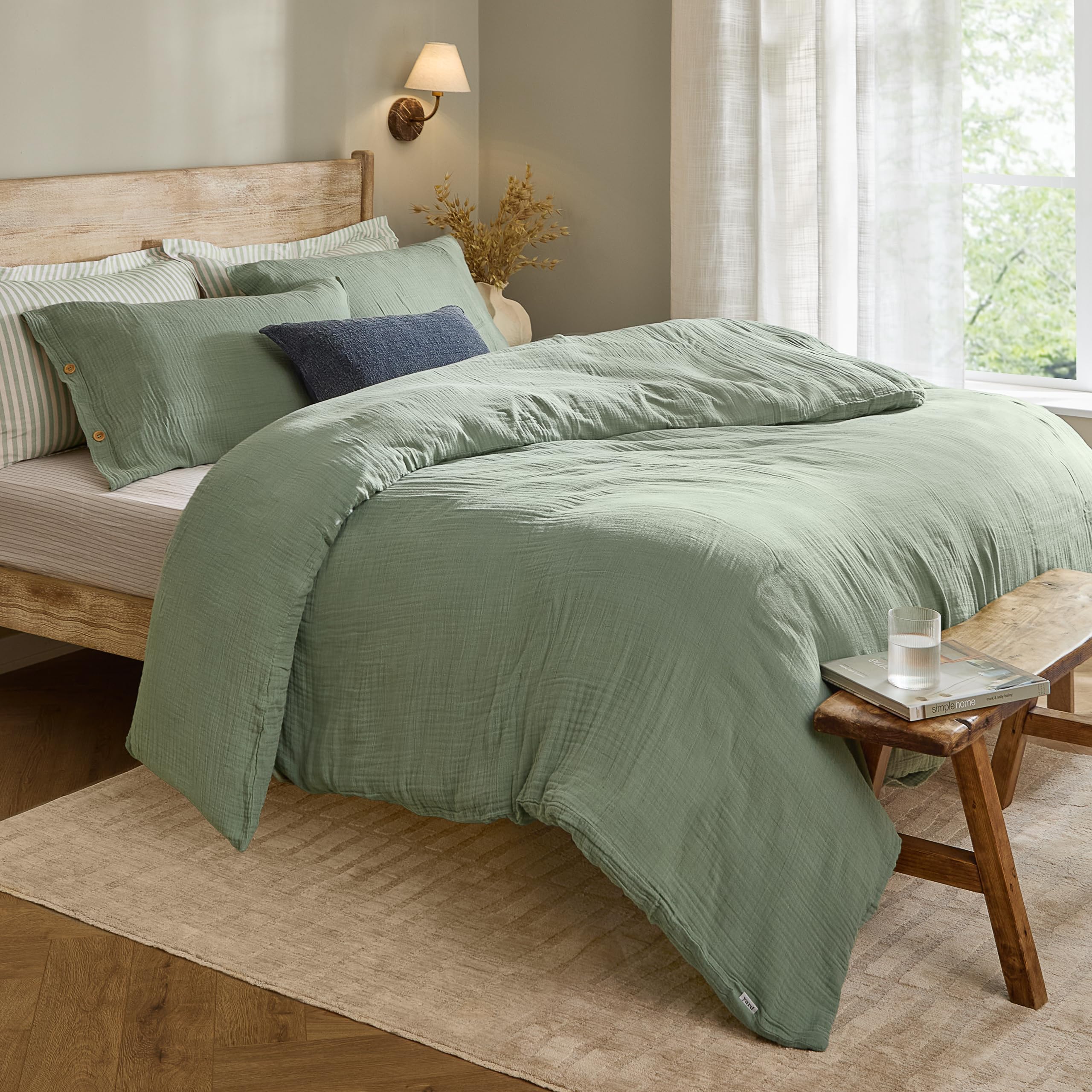 Yard furn Lark Cotton Muslin Duvet Cover Set - Soft Crinkle Texture Bedding (Eucalyptus - Double)