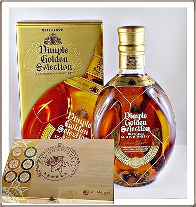 Dimple Golden Selection Blended Scotch Whisky mit 45 DreiMeister Edel Schokoladen im Holzkistchen, kostenloser Versand
