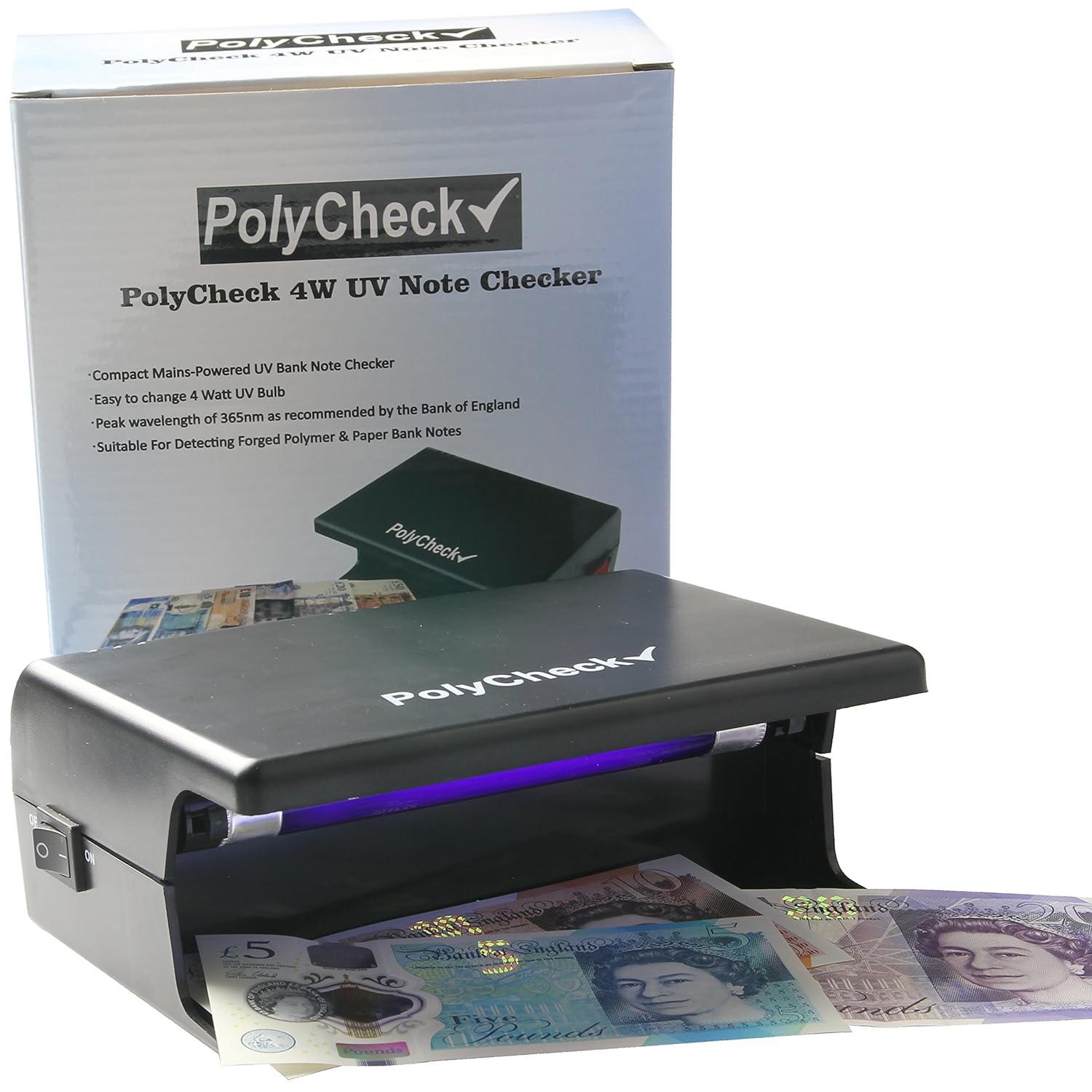 PolyCheck - Comprobador de dinero ultravioleta con bombilla de 4 W fácil de cambiar - Detecta los billetes de polímero y papel falsos: Amazon.es: Oficina y ...