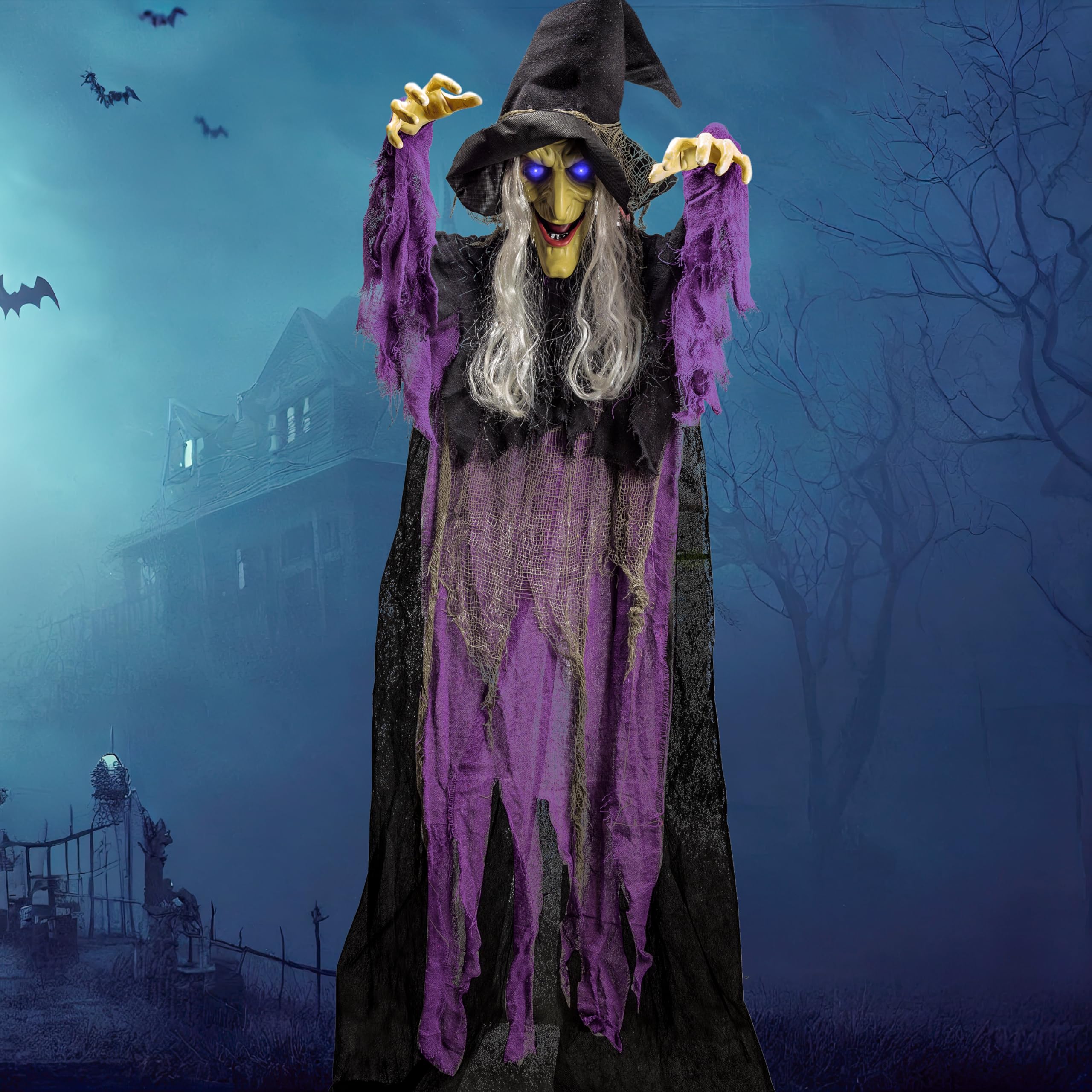 Photo 1 of JOYIN 72” Halloween Hanging Witch Decorations Outdoor, Flying Talking Ghost Decor Light Up Eyes Sound Activated, Outside Indoor Haunted House Prop for Lawn Yard Garden, Purple