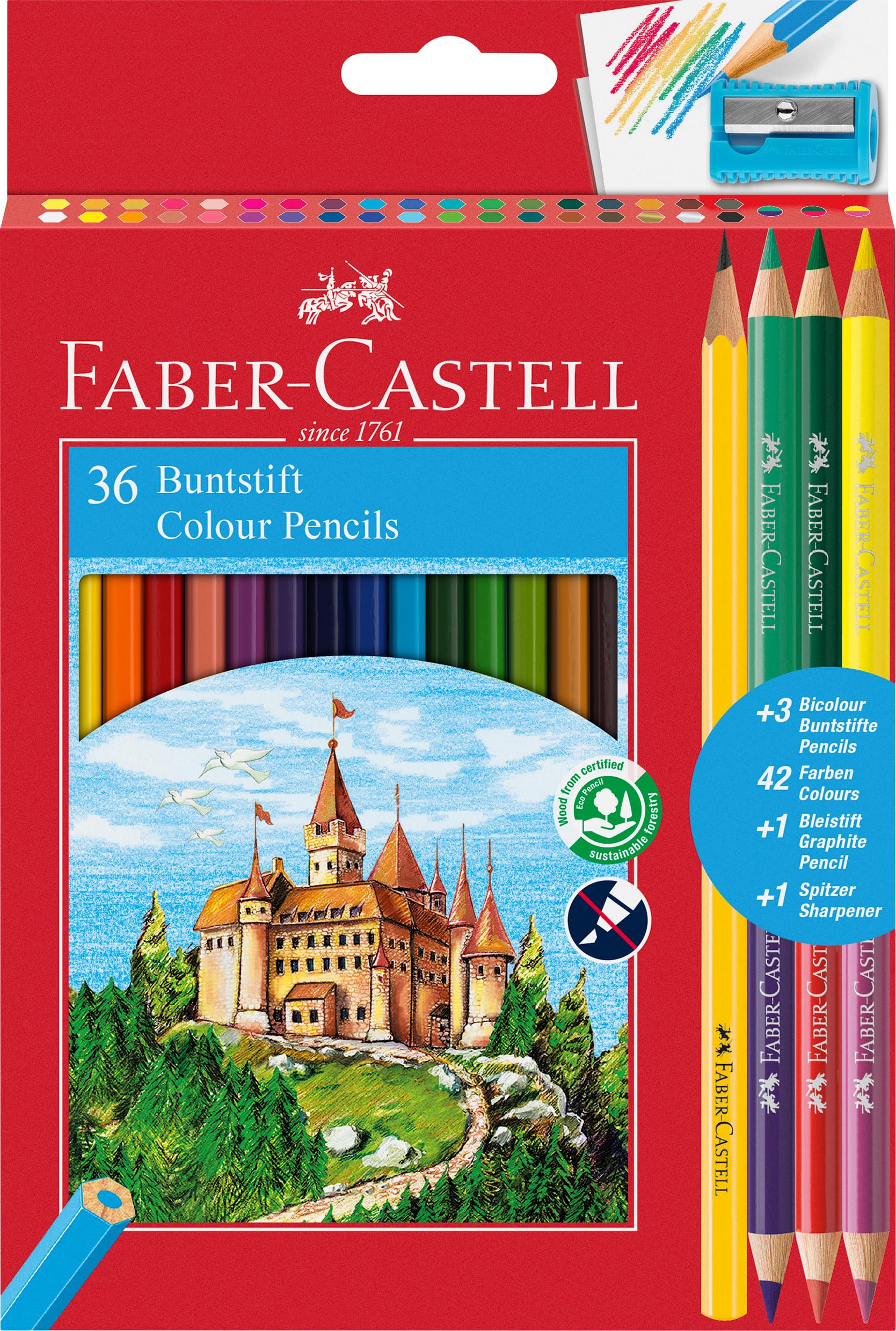 Faber-Castell 110336 Colour Pencil with 3 Bi-Colour Pencil/Graphite Pencil/Sharpener (Pack of 36)