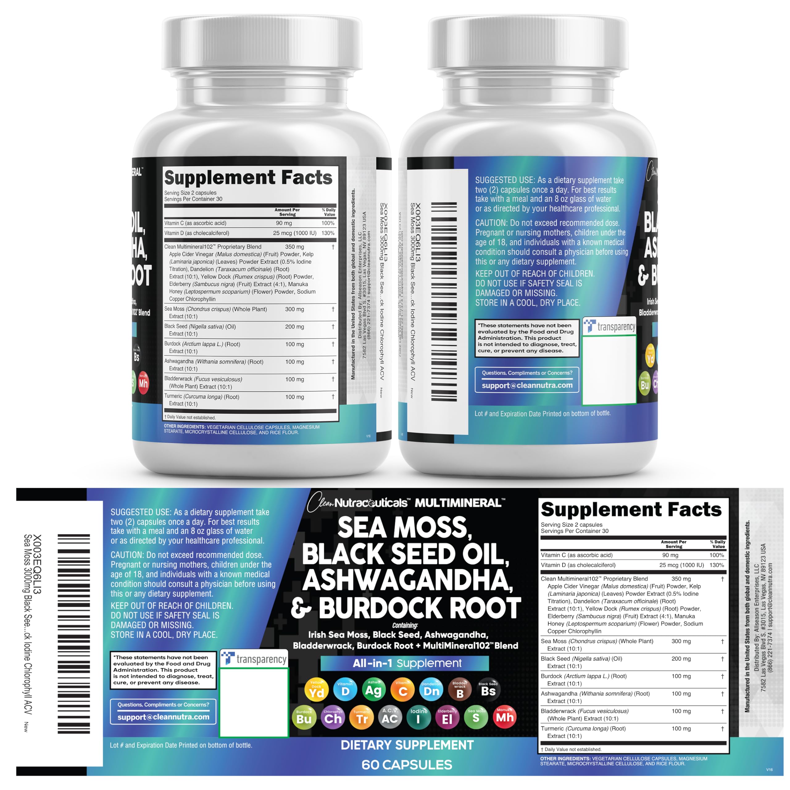 Clean Nutraceuticals Sea Moss Black Seed Oil Ashwagandha Turmeric Bladderwrack Burdock & Vitamin C Vitamin D3 with Elderberry Manuka Dandelion Yellow Dock Iodine Chlorophyll ACV