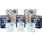 Hallmark Hanukkah Gift Bag Assortment (8 Gift Bags: 3 Small 6", 3 Medium 9", 2 Large 13") Star of David, Dreidels, Happy Hanukkah in Navy Blue, Orange, Yellow
