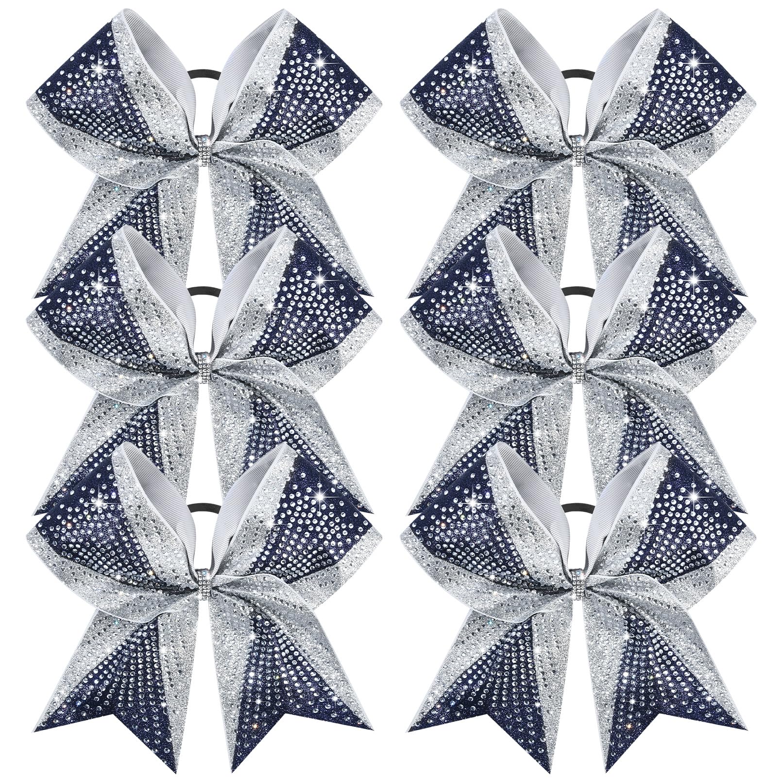 Photo 1 of DEEKA 6PCS 8" Large Glitter Navy Blue and Silver Cheer Bows Two Toned Rhinestones Stiff Cheer Hair Bows Elastic Band Competition Bows for Cheerleader Team Girls Sports -Silver/Navy Blue