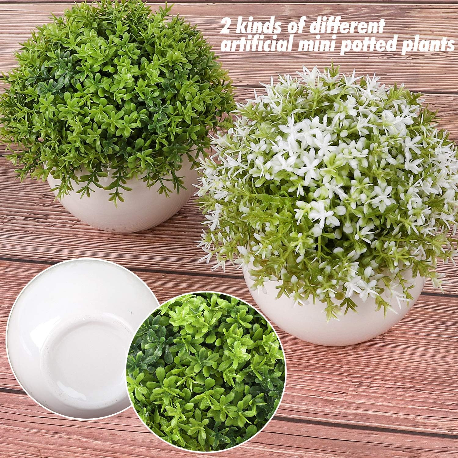 Wholine 2 Packs Artificial Mini Potted Plants Small Fake Green Grass Shrubs with White Pot for Home Office Desk Room Decoration -