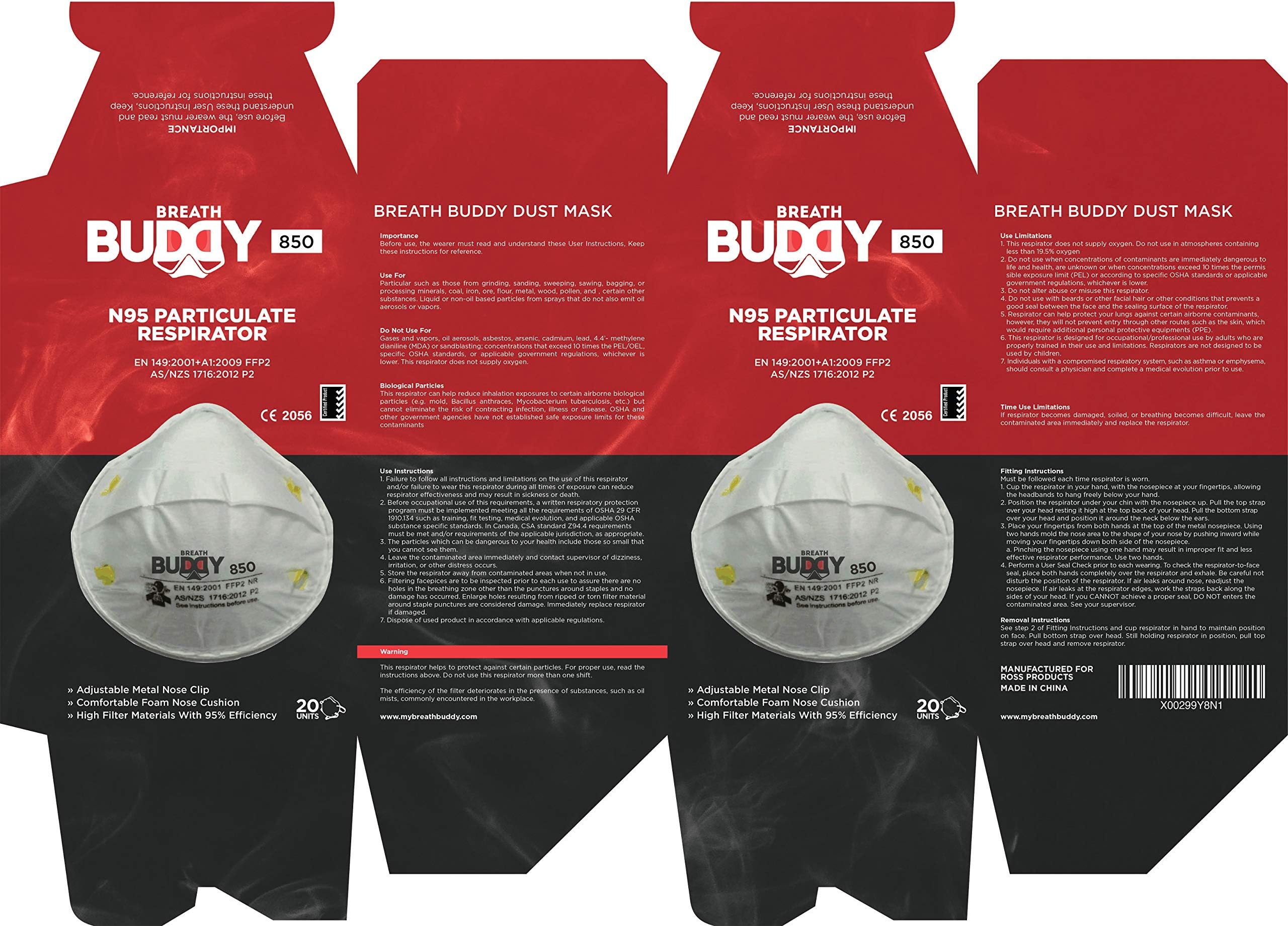 Breath Buddy N95 Particulate Respirator Face Mask for Dust (20-Pack) - NIOSH-Certified Disposable Air Filter Allergy Mask for Cleaning, Woodworking, Pollen, Construction, Pollution, DIY Projects