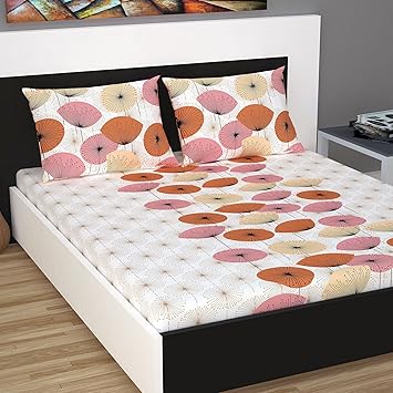 Divine Casa Cotton Queen Size Bed Sheet with 2 Pillow Covers 144 TC, Floral - Beige & Brown
