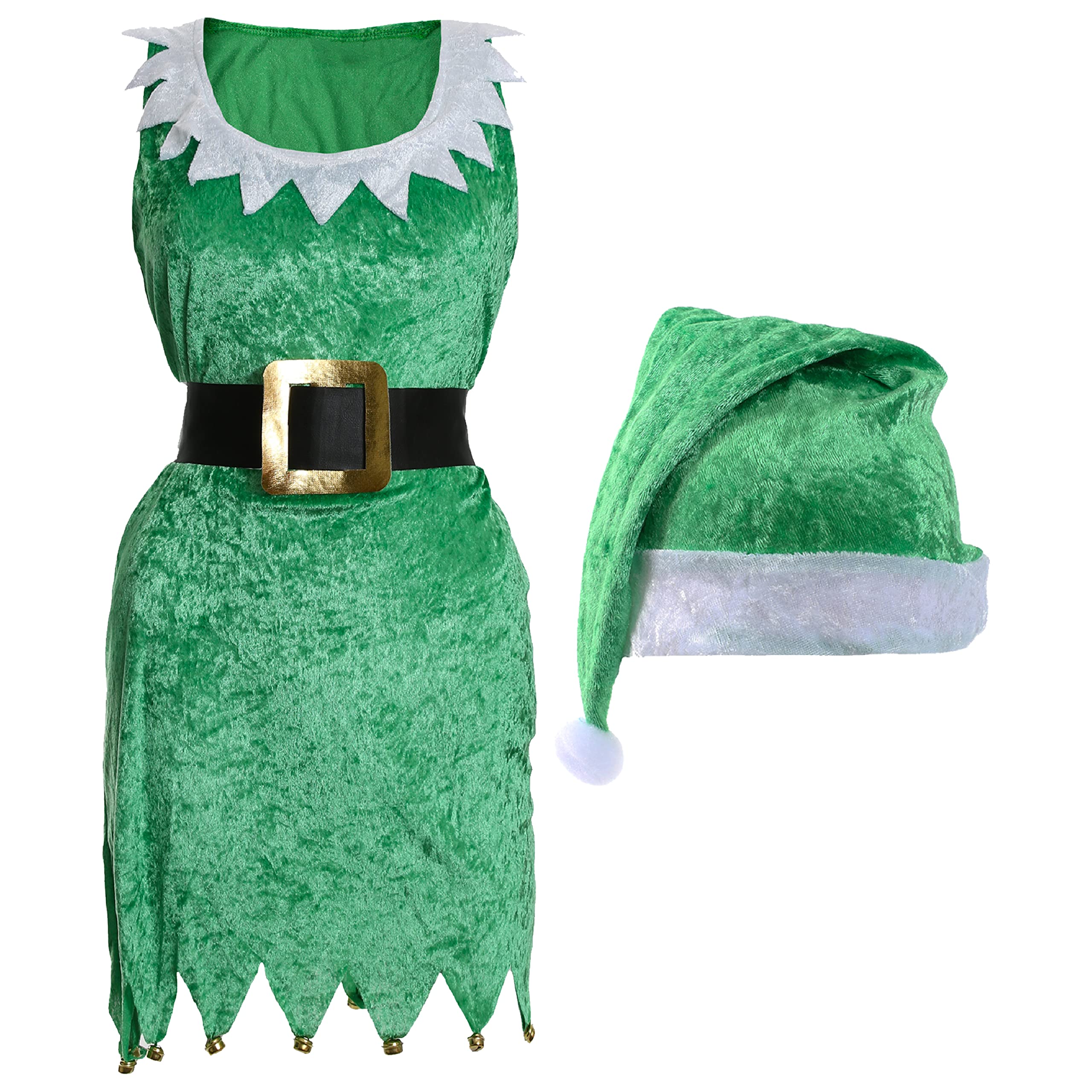 Ladies Elf Dress Fancy Dress Costume - Large - Green Velour Dress + Green Velour Santa Hat - Santas Grotto Santas Little Helper Christmas Elf Xmas Outfit