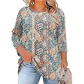 LOMON Womens Plus Size Tops 3/4 Length Sleeve Blouses Crew Neck Business Casual Tunic Tops with Asymmetrical Hem 1X-5X