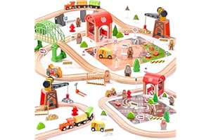 TIKTILES Wooden Train Set 102-Piece for Toddlers Kids Ages 3-8, Double-Sided Expandable Train Track with Puzzles & Magnetic Crane Toys, STEM Railway Playset Gifts Compatible with Major Brands for Boys Girls