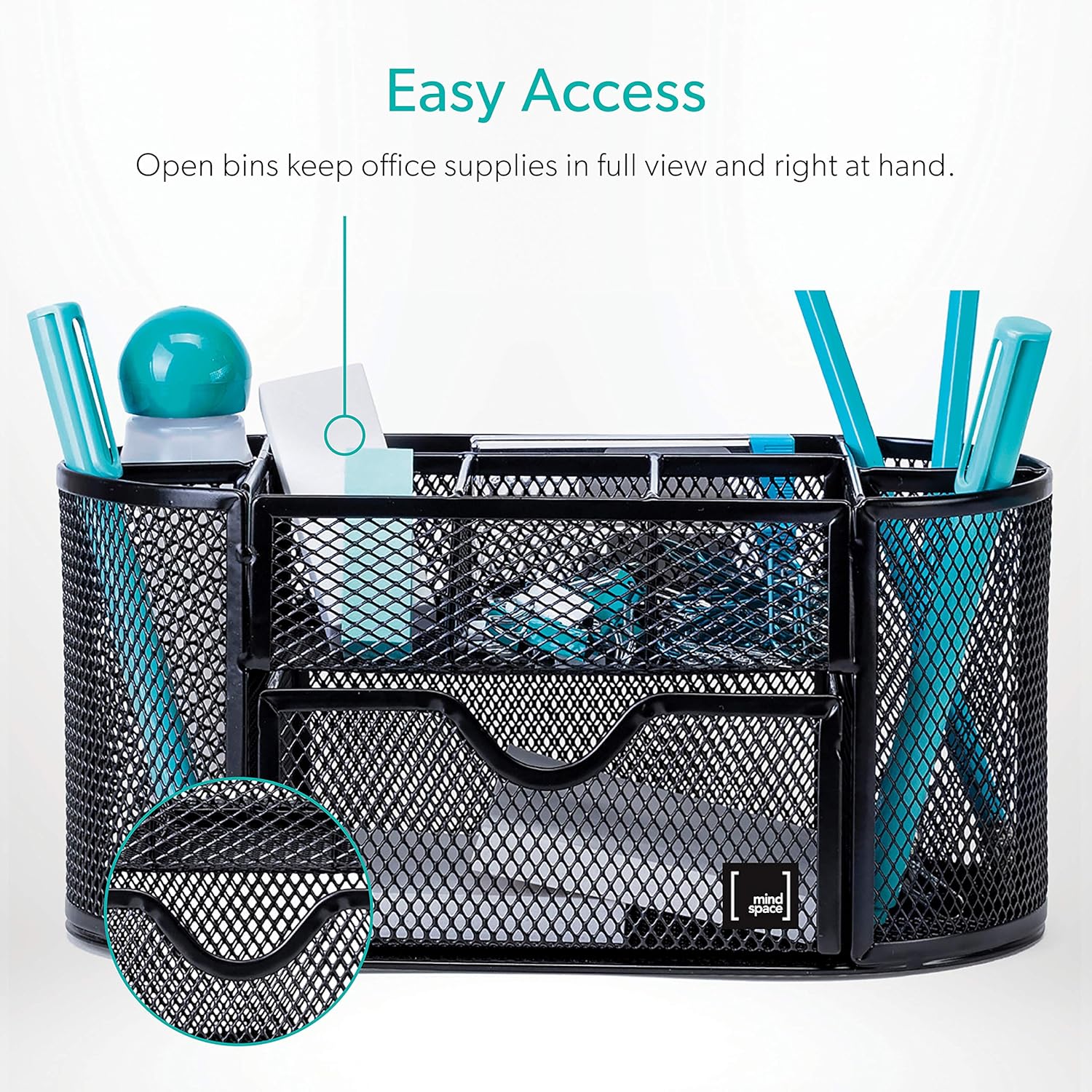 Pen Holder for Desk By Mindspace with 8 Compartments + Drawer| Office Supplies Organizer | The Mesh Collection, Black: Home Improvement