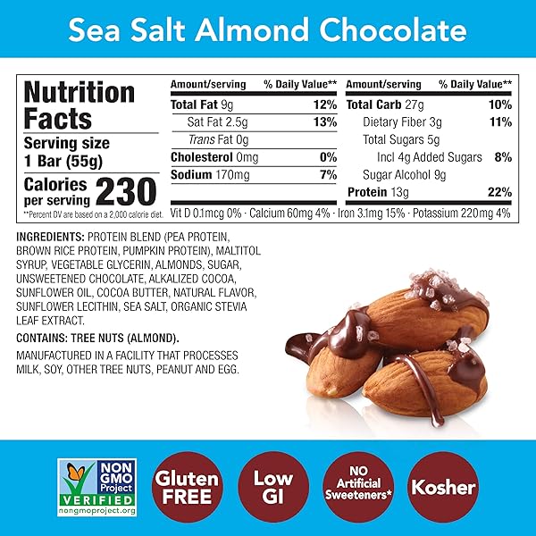 THINK!, VEGAN/PLANT BASED HIGH PROTEIN BARS – SEA SALT ALMOND CHOCOLATE, 13G PROTEIN, 5G SUGAR, NO ARTIFICIAL SWEETENERS, GLUTEN FREE, NON GMO PROJECT VERIFIED, 1.94OZ BAR