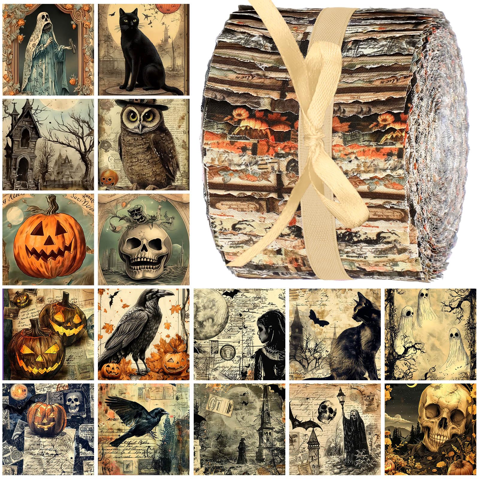 Photo 1 of Hosuly 40 Pcs Vintage Halloween Fabric Gothic Fabric Skull Pumpkin Ghost Crow Cat Owl Bat Quilting Patchwork Roll Black Halloween Quilting Strips 2.55 Inch Precut for Sewing Material DIY Crafts