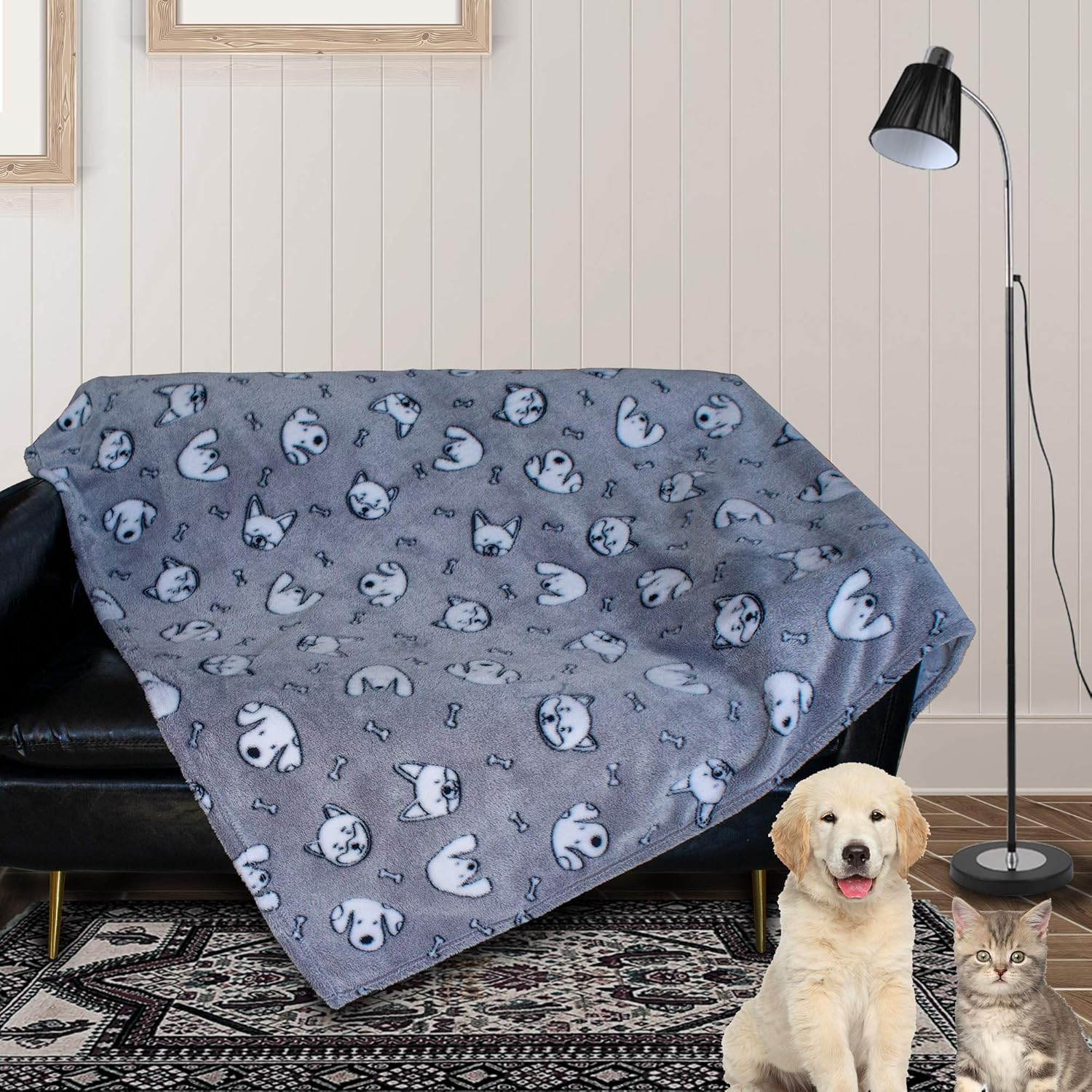 Patas Lague Extra Soft Flannel Cat/ Dog Blanket for Couch ,Plush Pet Throw Blanket with Cute Print Design (Navy Grey, 50 x 60inch): Kitchen & Dining