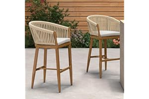 PURPLE LEAF Outdoor Bar Height Stools Set of 2 Patio Metal Modern Wicker Bar Chairs Woven Aluminum Barstools with Back and Cushions for Balcony Garden Indoor Kitchen Poolside Teak