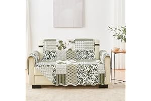 Great Bay Home Reversible Patchwork Loveseat Cover - Washable Slipcover Furniture Protector with Elastic Straps - Couch Cover for Dogs, Kids, and Pets - Box-Stitched Detail (Loveseat, Olive/Brown)