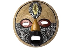 NOVICA Artisan Handmade African Wood Mask Round with Brass Aluminum Accents Brown Black Woodbrass Ghana Masks Ghanaian [8.25in H x 7.75in W x 3.3in D] ' Third Eye'