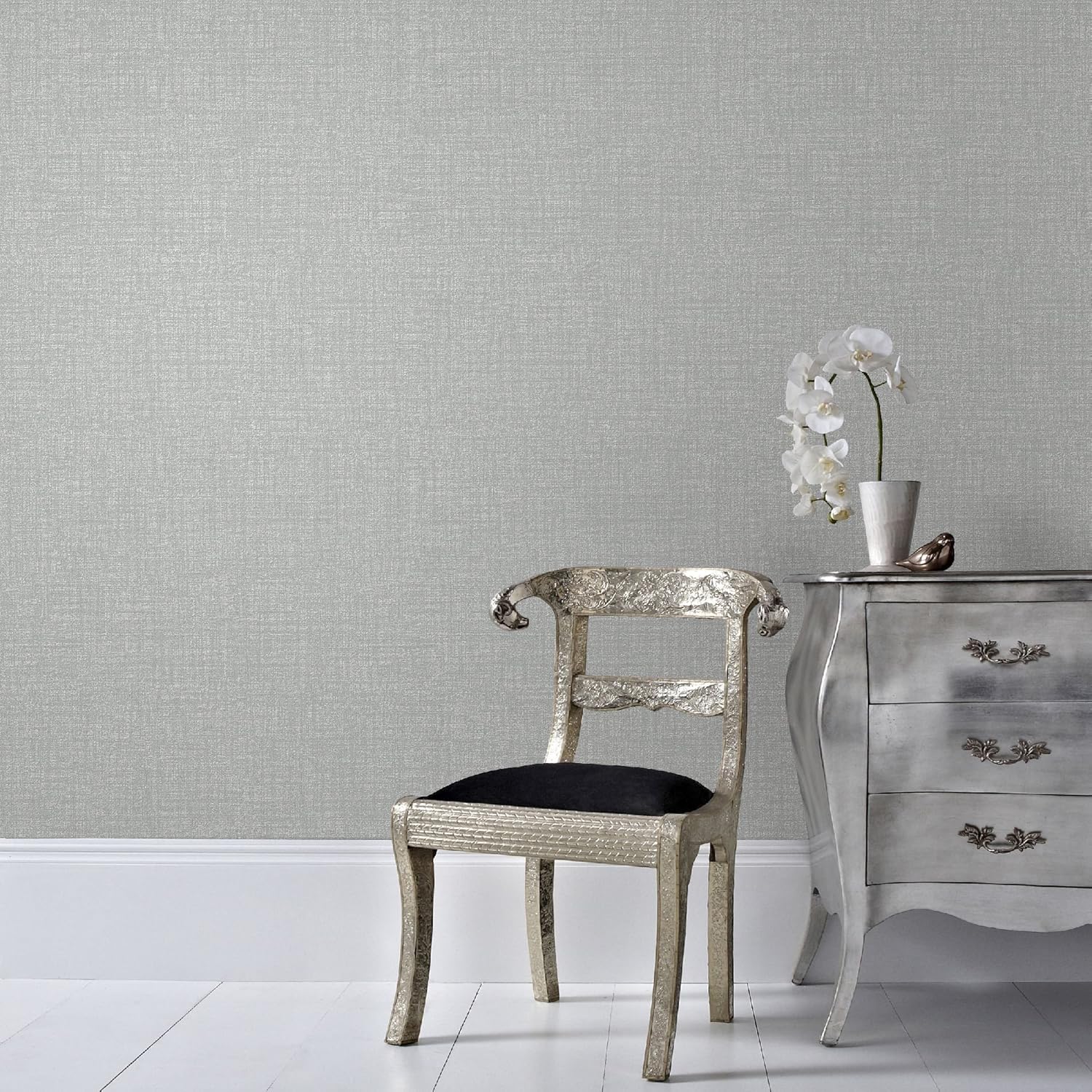 Boutique Grey Chenille Textured Plain Metallic Luxury Wallpaper, 52 x 1000 cm