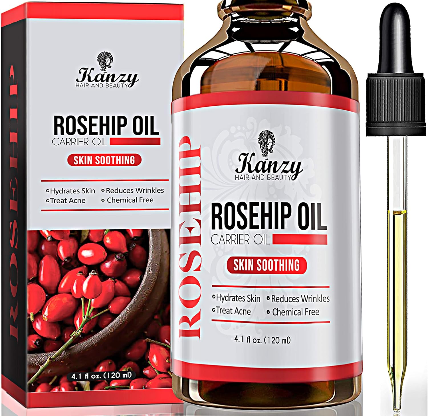 Kanzy Rosehip Oil for Face 120ml Rosehip Oil Cold Pressed Rose Hip Oil for Face 100% Pure Vegan Cruelty Free for Skin Hair