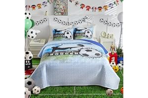 UOZZI BEDDING Boys Quilt Set Full Size for Summer Hot Weather Breathable Skin Friendly Microfiber Teen Kids Quilted Bedding Bedspread Coverlet Set All Season Bed Cover Sport Colorful Navy Blue Soccer Style
