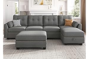 HONBAY Reversible Sectional Sofa Couch Set L Shaped Couch Sofa Sets for Living Room 4 Seat Sofa Sectional with Storage Ottoman for Small Apartment,Dark Grey (Sectional+Hydraulic Rod Ottoman)