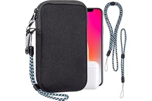 Pwsap Phone Sock, Universal Shock & Impact Resistant Neoprene Pouch with Carabiner and Lanyard Strap Sleeve Case for Hiking & Travelling Phone Bag Fits Phones up to 7 Inches, Black, M