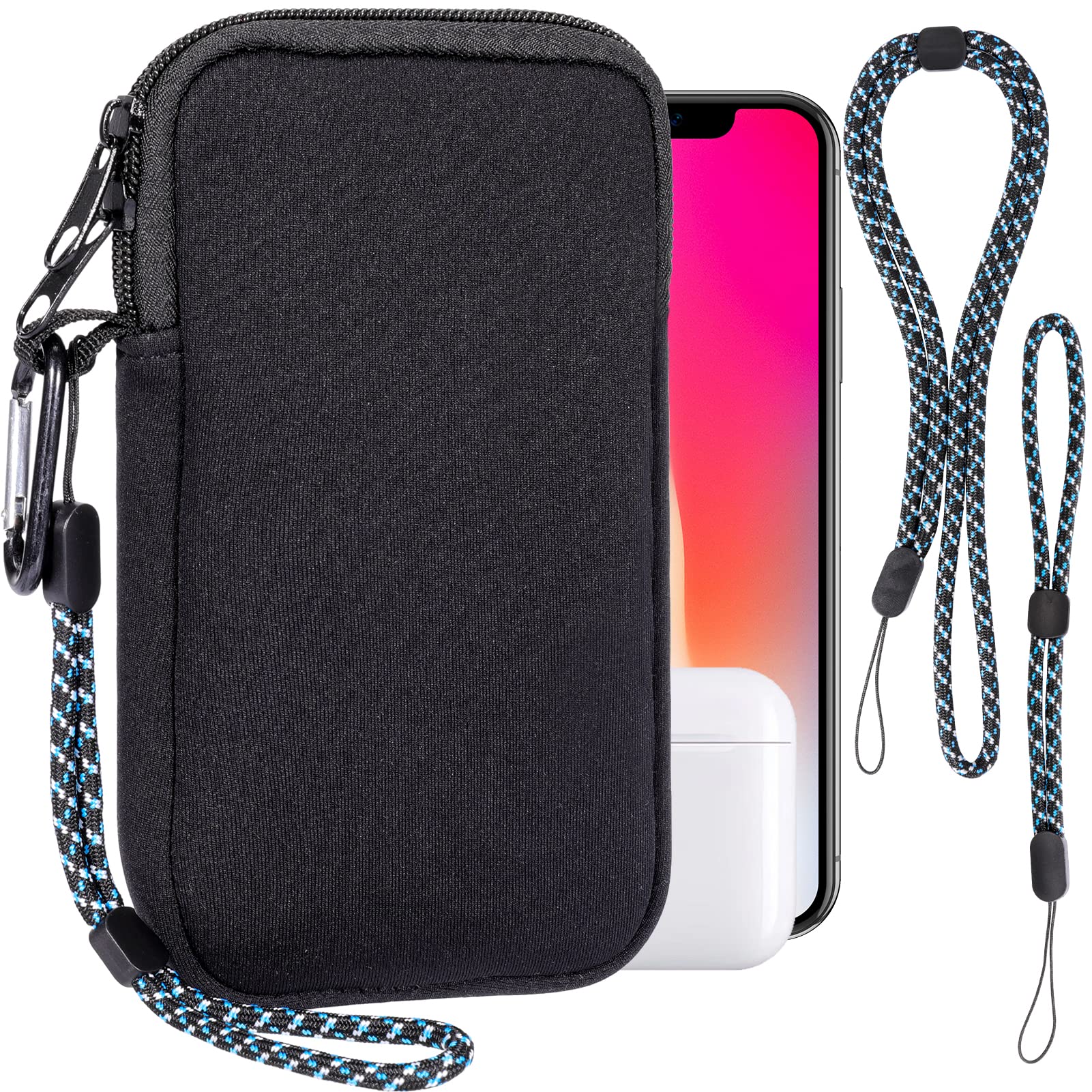 Pwsap Phone Sock, Universal Shock & Impact Resistant Neoprene Pouch with Carabiner and Lanyard Strap Sleeve Case for Hiking & Travelling Phone Bag Fits Phones up to 7 Inches, Black, M