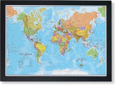 Maps International Framed World Travel Map Canvas with Pins Black Frame 2026