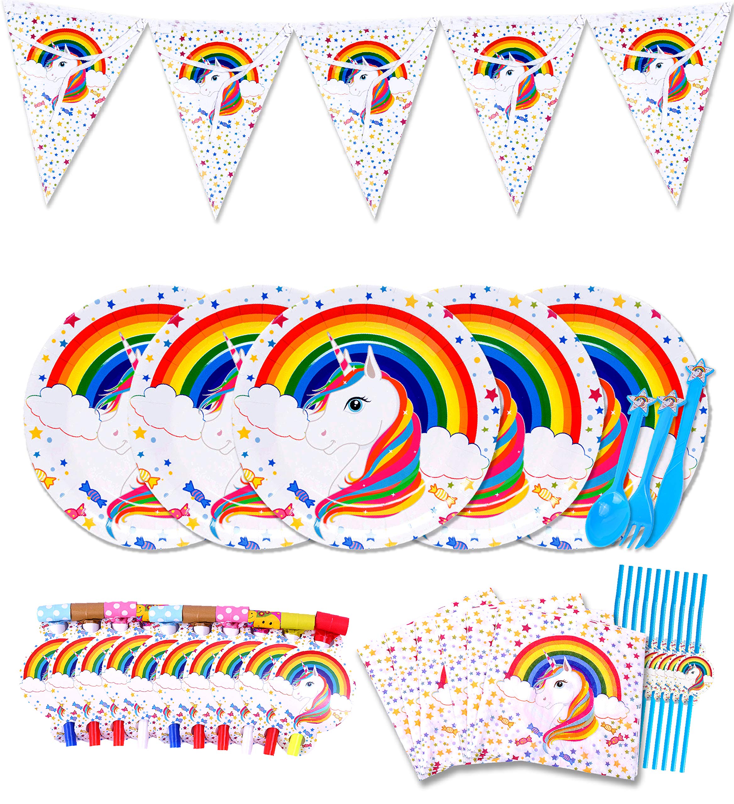 Sigmy Unicorn Party Supplies - (152 PCS)  All-in-One Rainbow Set: Plates, Utensils and Decorations Pack, Serves 10 People. Includes Banner, Hats, Bags, Invitations, Cups, Tablecloth