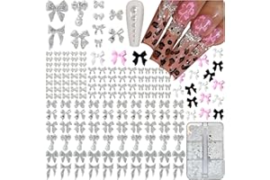 Gehaiwo 290PCS Silver Bow Nail Charms 1Box Nail Pearls，Nail Art Rhinestones Silver Alloy Nail Accessories White Black Bow Nail Jewels for Nail Art Supplies DIY Nail Craft